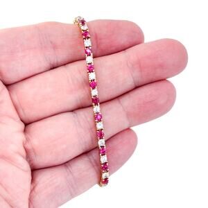 Sterling Silver Gold Tone Lab-Created Ruby and Cubic Zirconia Tennis Bracelet 7"